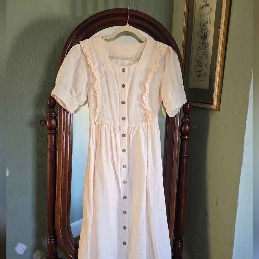 SOLD White Linen Button-Down Puffed Sleeve & Ruffle Dress by Linenia